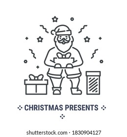 Ilustración gráfica vectorial en un fondo blanco. Icono de concepto en diseño lineal. Papá Noel con regalos. Símbolo, signo, logotipo, emblema.