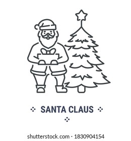Vector graphic illustration on a white background. Concept icon in linear design. Santa Claus and Christmas tree. Symbol, sign, logo, emblem.