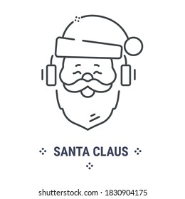 Vector graphic illustration on a white background. Concept icon in linear design. Santa claus in headphones. Symbol, sign, logo, emblem.