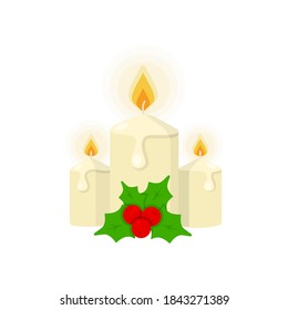 Vector graphic illustration on a white background. Concept icon in flat design. Three Christmas candles with holly. Traditional tabletop decoration. Symbol, sign, logo, emblem.