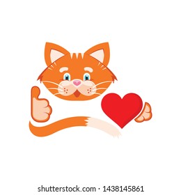 Vector graphic illustration. Orange cat holding heart in paws. Cat likes the heart. Cartoon character, concept for printing products for pets, a sign, a donation for pets, advertising logo.