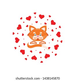 Vector graphic illustration. Orange cat in a cloud of hearts. Cartoon character, concept for printing products for pets, a sign, a donation for pets, advertising logo.