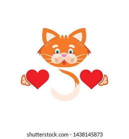 Vector graphic illustration. Orange cat holding two small hearts in their paws. Sign of love and friendship.Sign of love and friendship. Cartoon character, concept for printing products for pets.