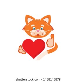 Vector graphic illustration.  Orange cat holding heart and he like it.  Cartoon character, concept for printing products for pets, a sign, a donation for pets, advertising logo.