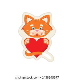 Vector graphic illustration. Orange cat hold in his paws a big heart and hugs his tail. Cat like a heart. Sign of love and friendship. Cartoon character, concept for printing products for pets.