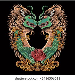 Vector graphic illustration of a pair of dragon lovers forming a love symbol decorated with roses and ornaments suitable for Suitable for T-shirts, notebooks, covers, posters, interiors.