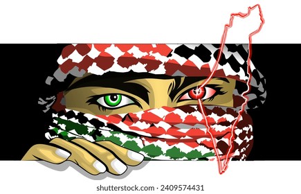 vector graphic illustration, a Palestinian fighter seen wearing a ninja turban is monitoring, suitable for use as t-shirt design material