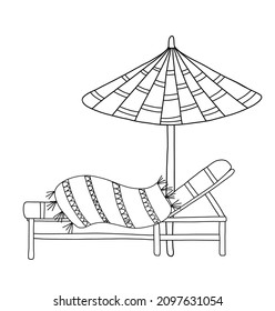 Vector graphic illustration with parasol, towel, lounger.