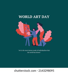 vector graphic illustration of parents teaching children painting, text. top view, perfect for art work and celebrating world art day