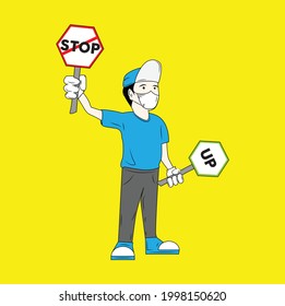 Vector graphic illustration of parking man carrying a traffic sign, perfect for brochure illustration, and children's book illustration, complement to traffic design etc.