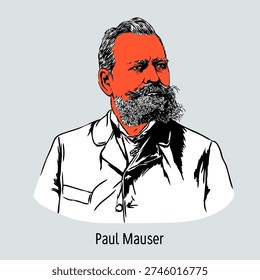 Vector graphic illustration of Paul Peter von Mauser, the pioneering engineer and inventor of the Mauser rifle and C96 pistol. Modern portrait design for historical and educational use.