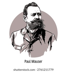 Vector graphic illustration of Paul Peter von Mauser, the pioneering engineer and inventor of the Mauser rifle and C96 pistol. Modern portrait design for historical and educational use