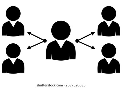 Vector graphic illustration of people icon representing organization of relationships and connections between individuals in a network or group, highlighting communicative and connecting concepts.