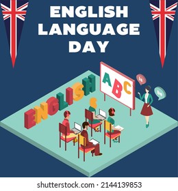 vector graphic illustration of people studying English, British flag. top view, perfect for education and commemorating English language day