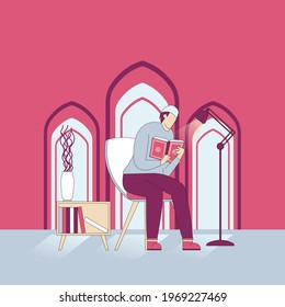 Vector graphic illustration of a person reading the holy Koran, for the moment of Ramadan Kareem.