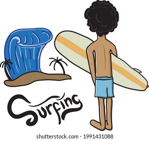 Vector graphic illustration of a person who is going to surf while looking at the challenging waves. good for t-shirt designs, t-shirt products, banner products, etc.