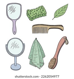 Vector graphic illustration with personal care items. Different objects such as mirrors, comb, towel, sponge and soap