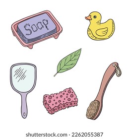 Vector graphic illustration with personal care items. Different objects such as mirrors, comb, duck, sponge and soap