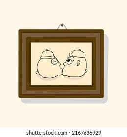 vector graphic illustration of a photo frame design with two cartoon boys kissing