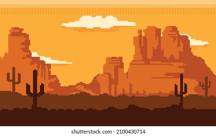 vector graphic illustration of pixel art desert atmosphere in the afternoon when the sun is going down and there is a shadow of a cactus tree