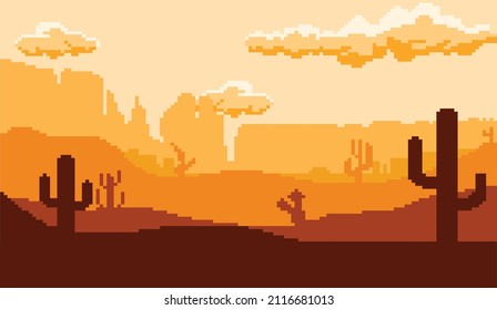 vector graphic illustration of pixel art desert atmosphere in the afternoon when the sun is going down and there is a shadow of a cactus tree