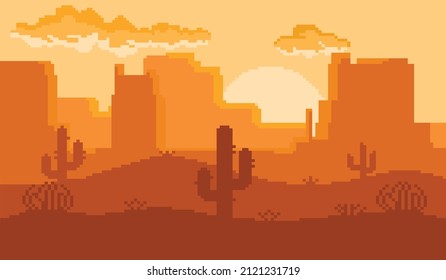 vector graphic illustration of pixel art desert atmosphere in the afternoon when the sun is going down and there is a shadow of a cactus tree