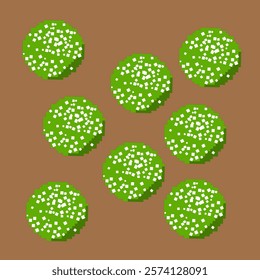 Vector graphic illustration with pixelated style themed on traditional Indonesian snacks, called klepon. round, green in color from pandan, chewy in texture and filled with melted brown sugar.