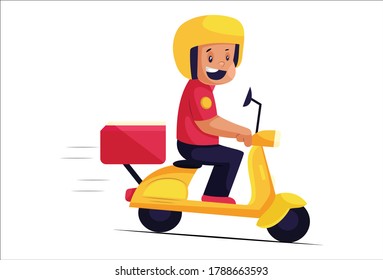 Vector graphic illustration. Pizza delivery boy is on a scooter and smiling. Individually on white background.	