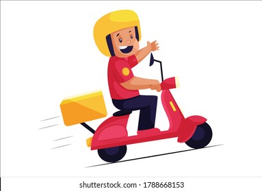 Vector graphic illustration. Pizza delivery boy is going for delivery on scooter. Individually on white background.	
