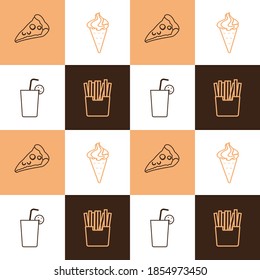 Vector graphic illustration of pizza, ice cream, soft drink and fried potatoes in pattern. Fit to place on packaging design, food court wallpaper, culinary event backdrop, etc