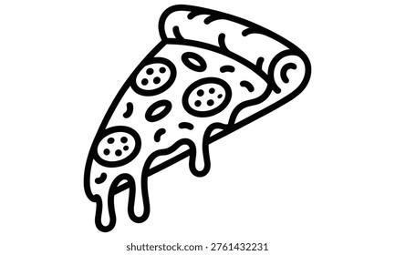 A vector graphic illustration of a pizza slice with melted cheese and toppings depicted in a simple black line art style, showcasing a tasty and cheesy culinary delight.