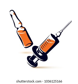 Vector graphic illustration of plastic disposable syringe for medical injections and ampoule with medicine. Antivirus vaccination concept.