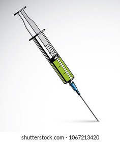 Vector graphic illustration of plastic disposable syringe for medical injections. Get vaccinated idea