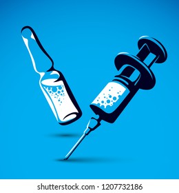Vector graphic illustration of plastic disposable syringe for medical injections and ampoule with medicine. Antivirus vaccination concept.