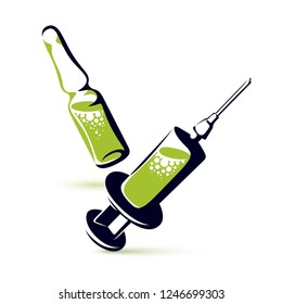 Vector graphic illustration of plastic disposable syringe for medical injections and ampoule with medicine. Antivirus vaccination concept.