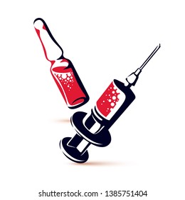 Vector graphic illustration of plastic disposable syringe for medical injections and ampoule with medicine. Antivirus vaccination concept.


