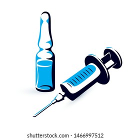 Vector graphic illustration of plastic disposable syringe for medical injections and ampoule with medicine. Antivirus vaccination concept.

