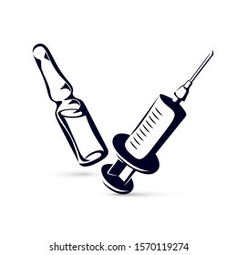 Vector graphic illustration of plastic disposable syringe for medical injections and ampoule with medicine. Antivirus vaccination concept.