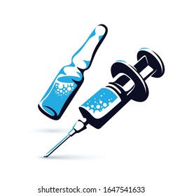 Vector graphic illustration of plastic disposable syringe for medical injections and ampoule with medicine. Antivirus vaccination concept.

