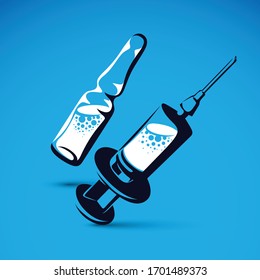 Vector graphic illustration of plastic disposable syringe for medical injections and ampoule with medicine. Antivirus vaccination concept.

