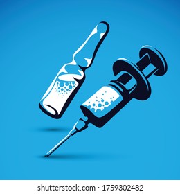 Vector graphic illustration of plastic disposable syringe for medical injections and ampoule with medicine. Antivirus vaccination concept.

