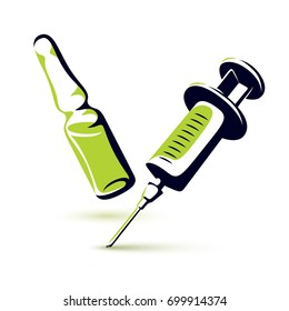 Vector graphic illustration of plastic disposable syringe for medical injections and ampoule with medicine. Antivirus vaccination concept.

