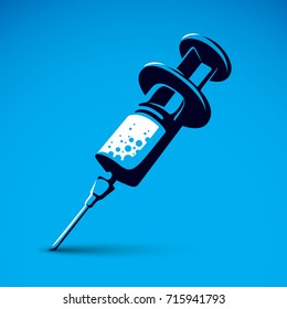 Vector graphic illustration of plastic disposable syringe for medical injections. Get vaccinated idea