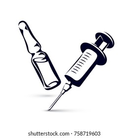 Vector graphic illustration of plastic disposable syringe for medical injections and ampoule with medicine. Antivirus vaccination concept.

