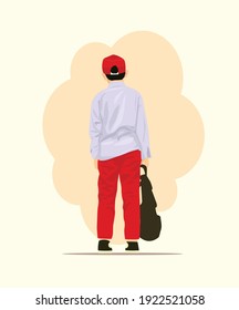 vector graphic illustration. Portrait of a native Indonesian schoolchild, with an angle seen from behind