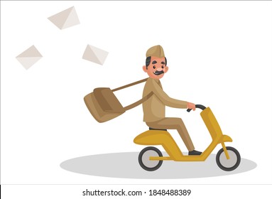 Vector graphic illustration. Postman is going for the letter delivery on the scooter. Individually on white background.