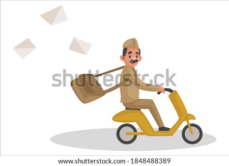 Vector graphic illustration. Postman is going for the letter delivery on the scooter. Individually on white background.