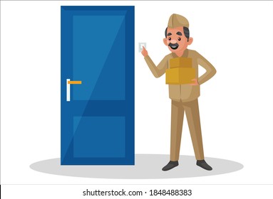 Vector graphic illustration. Postman is holding parcel in hand and ringing doorbell. Individually on white background.