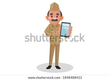 Vector graphic illustration. Postman is showing a mobile phone. Individually on white background.