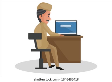 Vector graphic illustration. Postman is sitting on chair and working on laptop. Individually on white background.